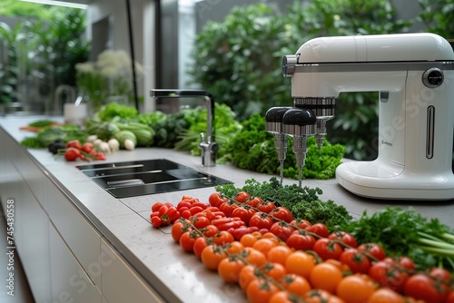 A sleek modern kitchen with fresh herbs and vegetables spread out, ready for a healthy meal preparation photo