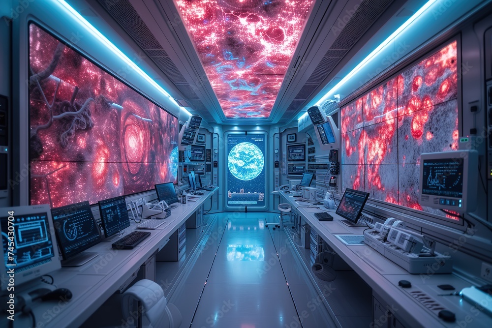 Intricately designed control room in a spaceship with screens displaying galactic images and a commanding view of Earth - obrazy, fototapety, plakaty 