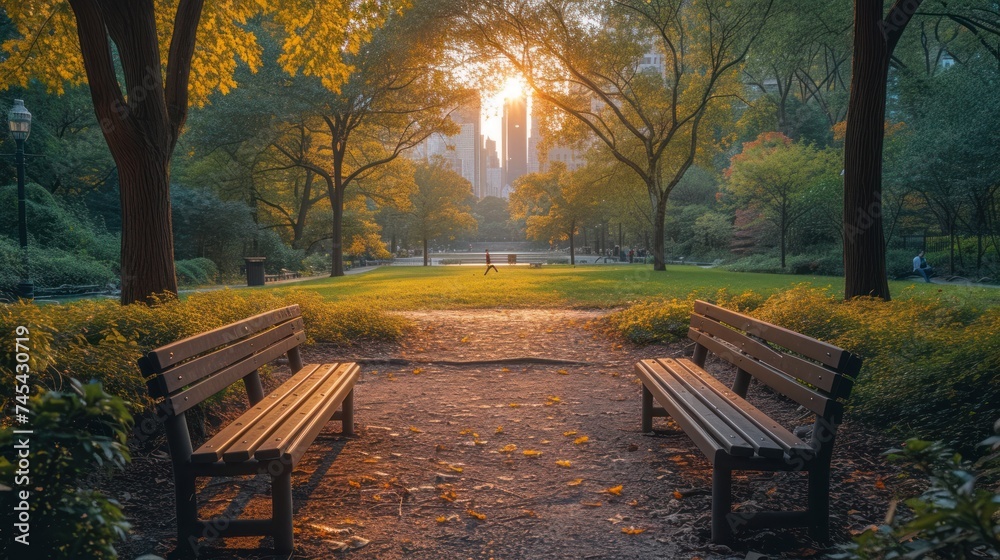  a couple of benches sitting next to each other on a lush green park covered in lots of trees and yellow and orange leaves with a person walking in the distance in the distance.