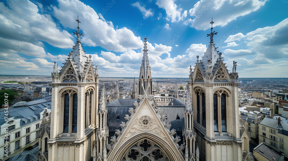 The Title
Imponente catedral histórica com detalhes arquitetônicos capturada em amplo cenário celestial sob o céu azul e nuvens brancas fofas - obrazy, fototapety, plakaty 