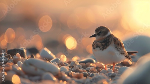 Cute little Vuelvepiedras Turnstone bird sitting on rocky terrain against blurred background photo
