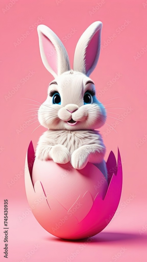 Fototapeta premium Happy Easter banner with cute Easter bunny hatching from pink Easter egg on pastel pink background. Illustration of Easter rabbit sitting in cracked eggshell. Happy Easter greeting card. Copy space.