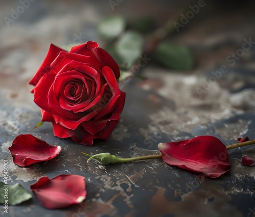 Rosa roja con petalos en una superficie neutra. Fondo romantico para san valentin