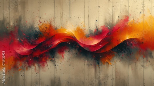  a painting of a red and yellow wave on a white and grey background with black and red paint splattered on the bottom half of the image and bottom half of the wave. photo