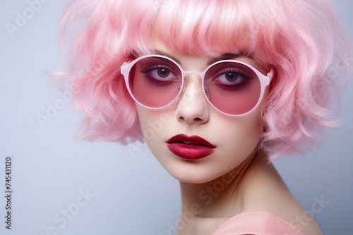 pretty woman with vibrant pink hair, set against a soft, light blue background, ai generative