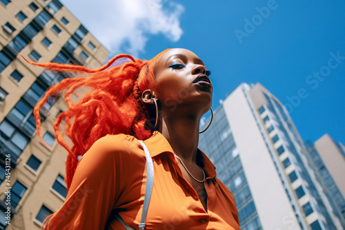 black woman with vibrant red hair and an orange top stands in front of tall buildings under a clear blue sky, ai generative