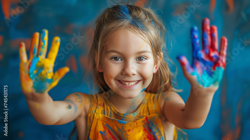Happy funny girl showing dirty hands with colorful paint  Concept of art education and learning