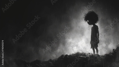 a black and white photo of a person standing on a hill in the rain with a black and white photo of a person standing on a hill in the rain.