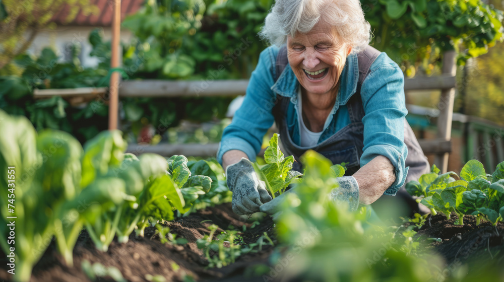 Happy senior woman plants young vegetables in beds