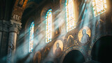 Mosaico Religioso Tesouro no Teto da Catedral Histórica Iluminado por Luz Natural e Vitrais Coloridos