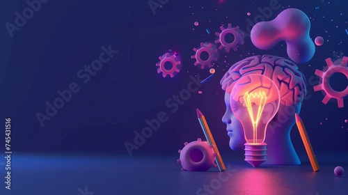 A 3D cartoon vector illustration portrays a glowing lightbulb within a human head, surrounded by gearwheels and a pencil, symbolizing creative idea generation and innovation photo