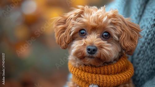  a small brown dog with a yellow scarf around it's neck is looking at the camera with a serious look on his face, while sitting in a blue chair.