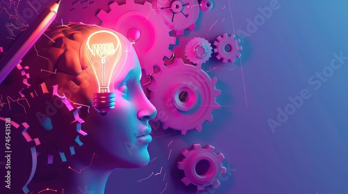 A 3D cartoon vector illustration portrays a glowing lightbulb within a human head, surrounded by gearwheels and a pencil, symbolizing creative idea generation and innovation photo