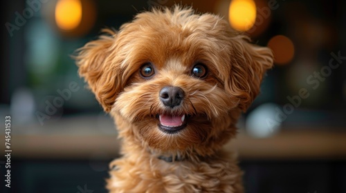  a close up of a dog's face with a blurry background and boke of lights on the wall in the background and a blurry foreground.