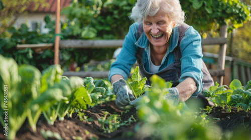 Happy senior woman plants young vegetables in beds