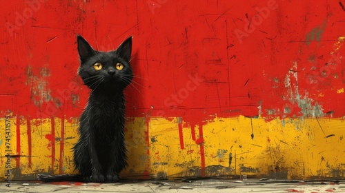  a black cat is standing in front of a red and yellow wall with a black cat s head hanging over the edge of the wall  looking at the camera.