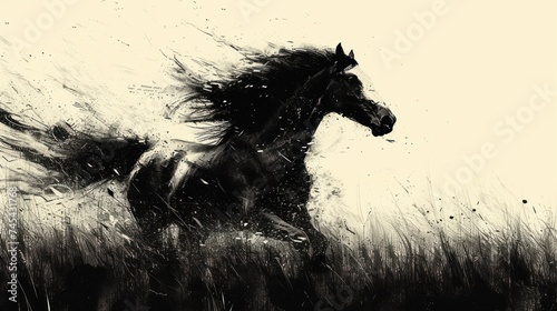  a black and white photo of a horse running through a field of tall grass with splashes of water on it's back and it's rear legs.