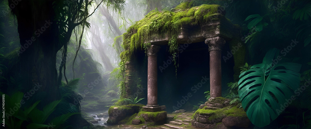 old ancient  ruins deep in the jungle
