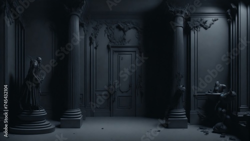 Gothic interior, ornate door with dark decor, eerie ambience, symmetrical composition 16:9