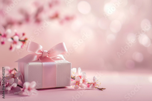 Small elegant present gift box with tiny pale pink satin ribbon decorated with blooming sakura flowers on pale pink background photo