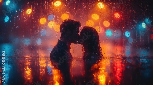  a couple kissing in the rain in front of a brightly lit street light in a city at night with rain drops on the ground and brightly colored lights behind them. © Wall