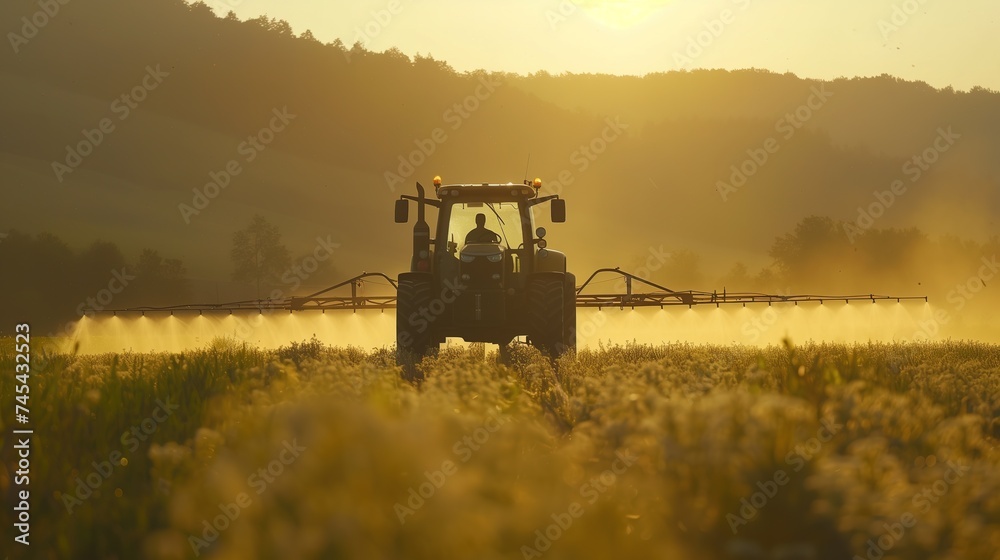 Fototapeta premium Tractor spraying pesticides at soy bean fields. Soybean fields being sprayed with pesticides