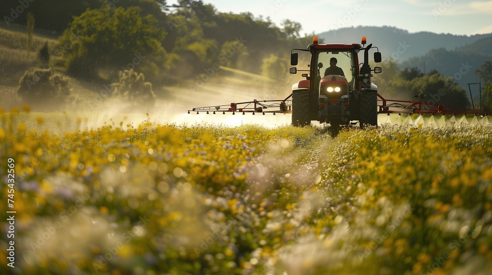 Tractor Spraying Pesticides at Soy Bean Field Tractor Spraying Pesticides at Soy Bean Field