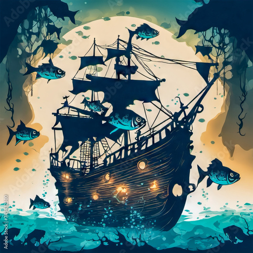 An abstract artwork where a ship and its fishy companions are rendered in bold geometric forms
