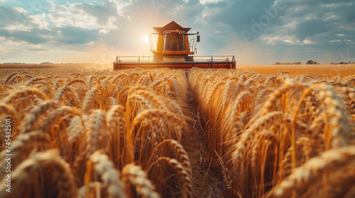 Farmer harvesting ripe wheat with a combine harvester on a sunny day photo