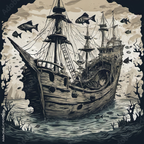 An abstract depiction of a ship surrounded by swirling fish, showcasing vibrant colors and playful shapes
