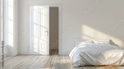 The white door opening to modern bedroom interior