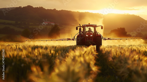 Tractor Spraying Pesticides at Soy Bean Field