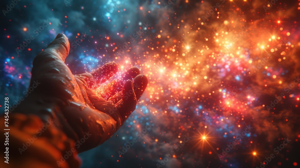  a person with their feet up in the air in front of a space filled with stars and a cluster of bright red, blue, yellow, pink, and orange stars.