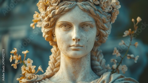  a close up of a statue of a woman with flowers in her hair and a wreath of flowers in her hair, with a blue background of a statue of flowers. © Wall