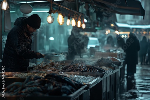 Seafood Stall at Evening Market in Mist