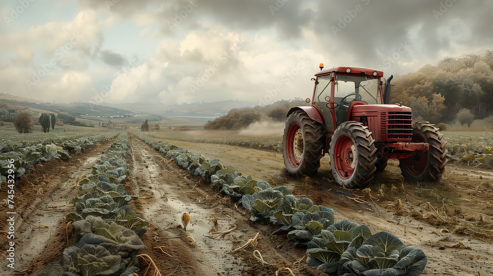 tractor cultivating cabbage fields with added dirt road - obrazy, fototapety, plakaty 
