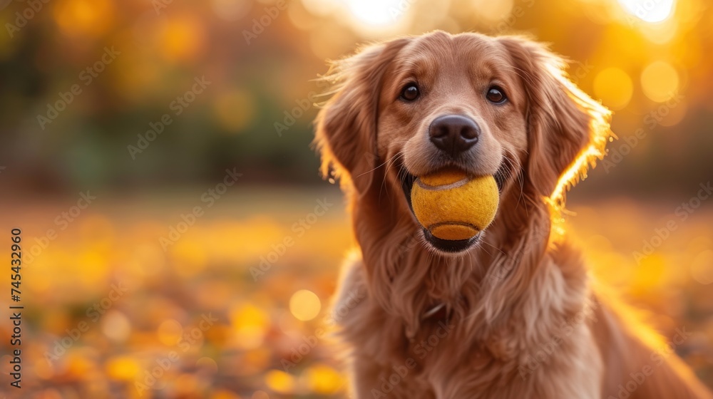  a golden retriever holding a tennis ball in it's mouth in front of a field full of leaves and a golden light is shining on the dog's face.