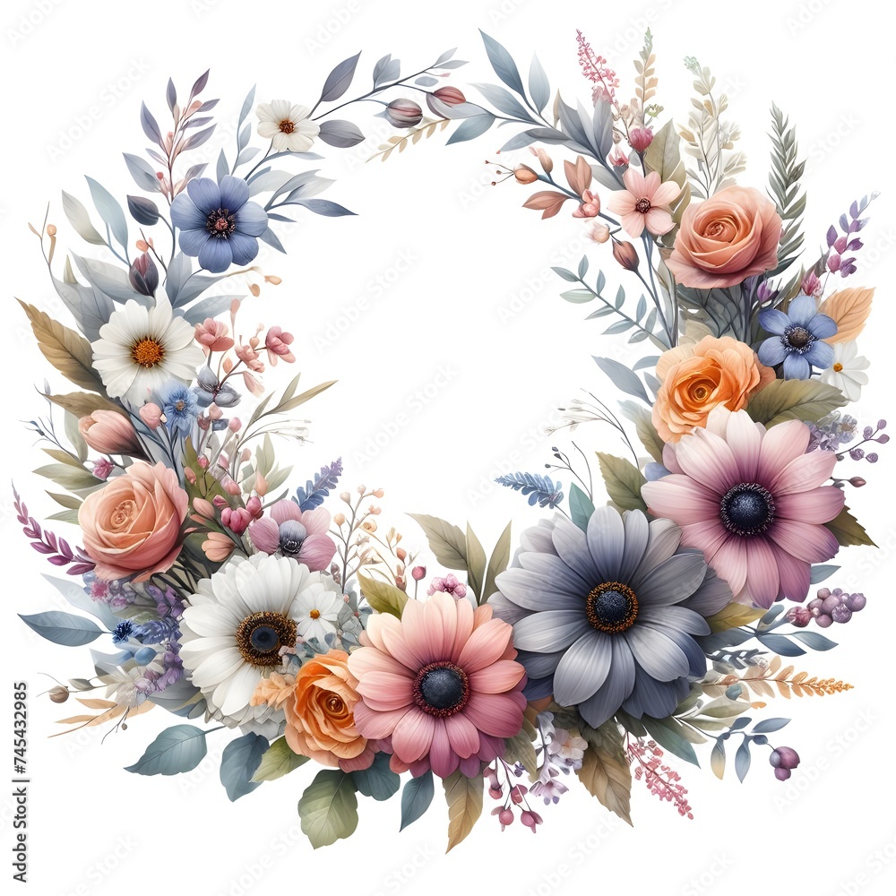 White Environment with Watercolor Style Blossom Wreath