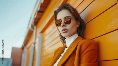 Outdoor close up street fashion portrait of young elegant woman wearing trendy autumn outfit, turtle frame sunglasses, luxury wrist watch, terracotta color blazer, white classic turtleneck. Copy space photo