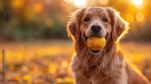  a golden retriever holding a tennis ball in it's mouth in front of a field full of leaves and a golden light is shining on the dog's face.