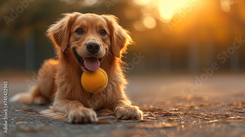  a close up of a dog laying on the ground with a tennis ball in its mouth and a tennis ball in its mouth in front of it's mouth. © Wall