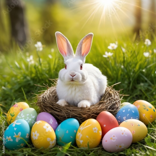 Easter Bunny with Painted Easter Eggs in the Fresh Green Grasss  Festive in the Nature Illustration