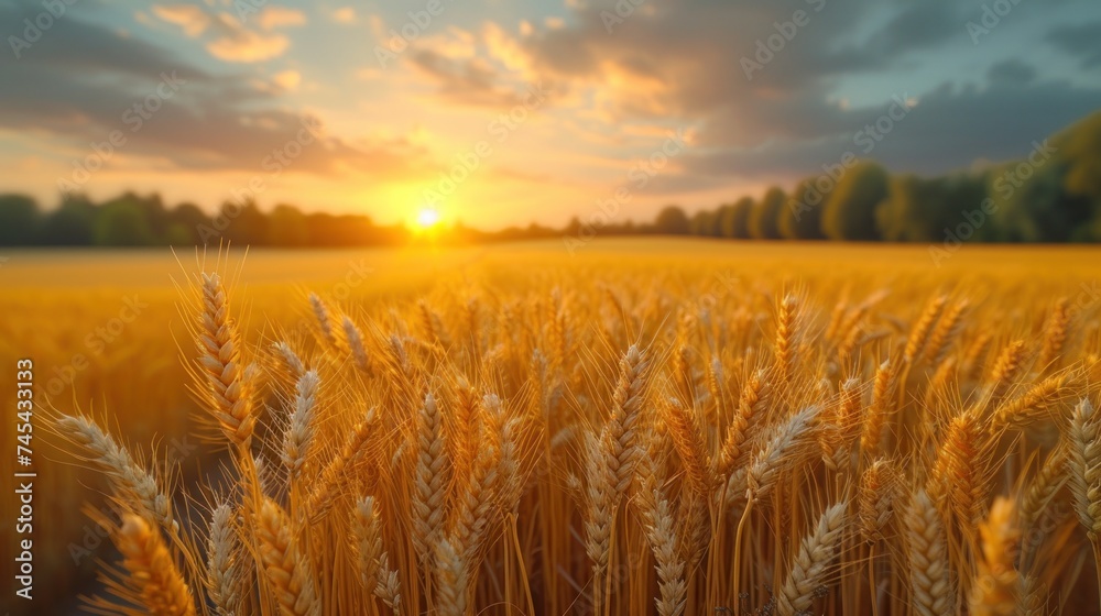 a field of wheat at sunset with the sun setting over the trees in the background and the sky in the foreground, with a few clouds in the foreground. a field of wheat at sunset with the sun setting over the trees in the background and the sky in the foreground, with a few clouds in the foreground.