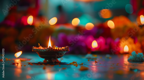 Uma lâmpada de Diwali iluminada em primeiro plano com decorações coloridas desfocadas ao fundo