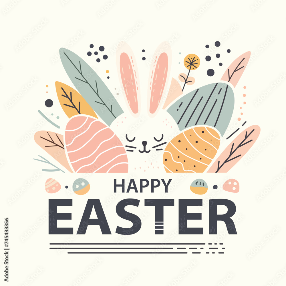 Fototapeta premium Happy Easter. Rabbit, eggs and flowers. Vector illustration of background, poster, card, banner