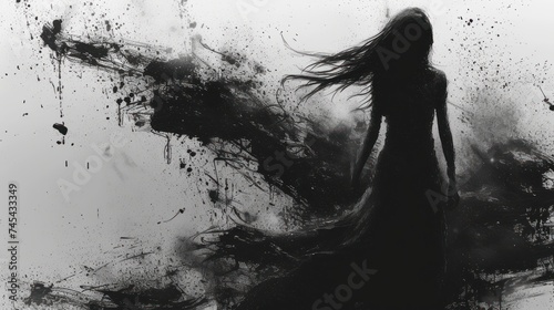  a black and white photo of a woman in a long dress with her hair blowing in the wind, in front of a black and white background of black ink splatches.