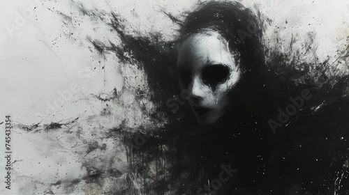  a black and white photo of a person with a creepy look on their face, with black and white paint splattered all over the top of the image.