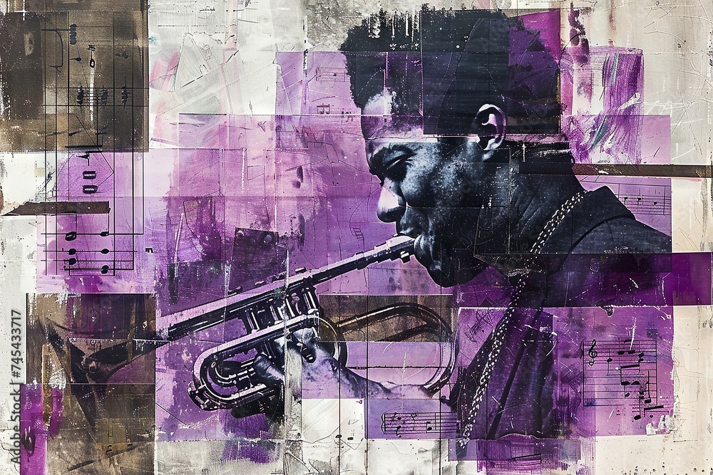 A collage with a B&W photo of a Midwest jazz club, accented with deep purples and smoky grays, embodying the region's musical heritage.