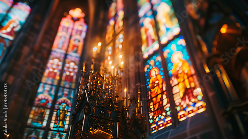 Vívida e Intrincada Vitral Religioso Capturado em Closeup com Lente de 50mm em Igreja © Alexandre