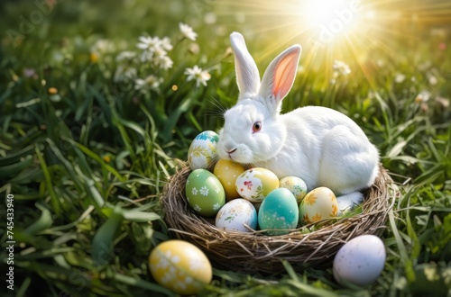 Eastern Bunny with Painted Eggs in the Green Meadow  Festive Rabbit in the Nature illustration
